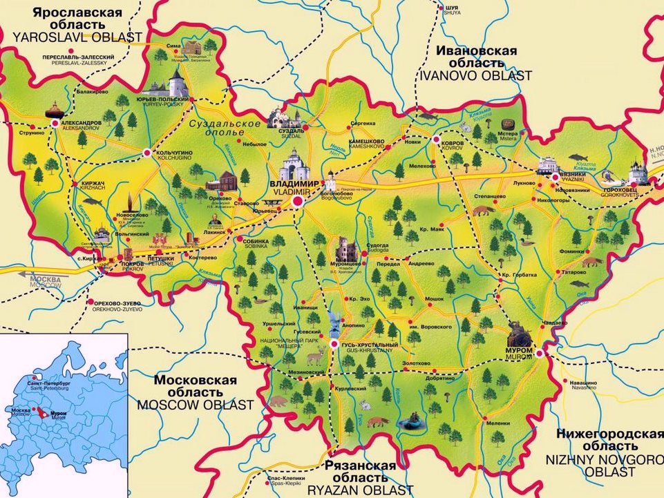 Карта Владимирской области с достопримечательностями, извозчик такси межгород, Владимирская область