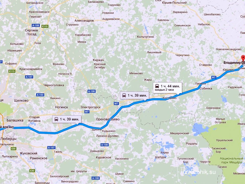 карта маршрута поезда Москва-Владимир